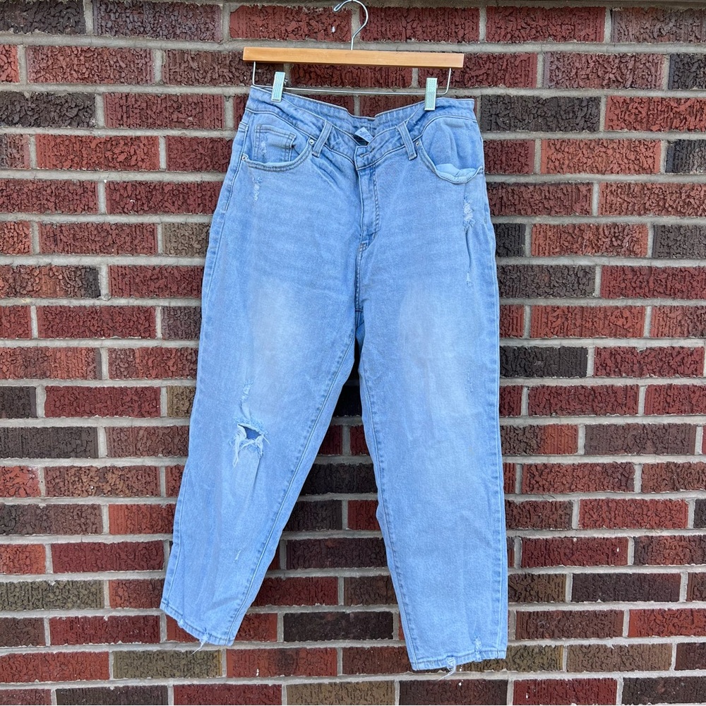 Time and Tru Light Blue Light Distressed High Rise Boyfriend Fit Denim Jeans